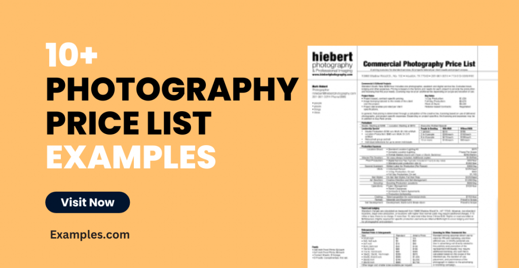 Photography Price List Examples