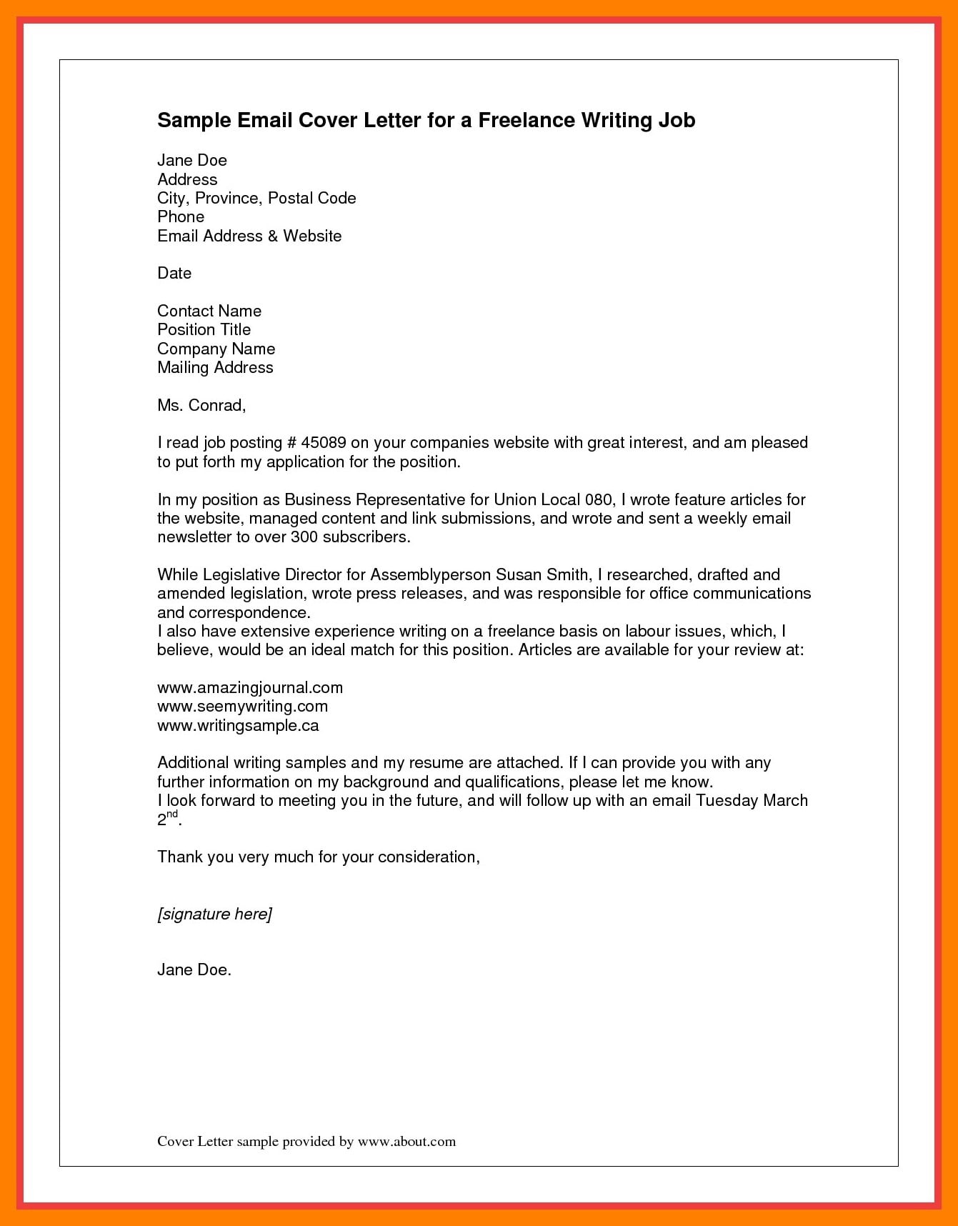 example of an email job application letter