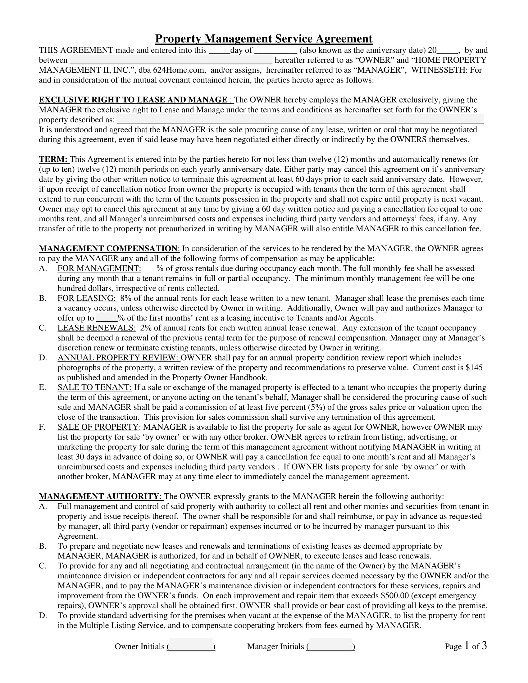 property management service agreement example