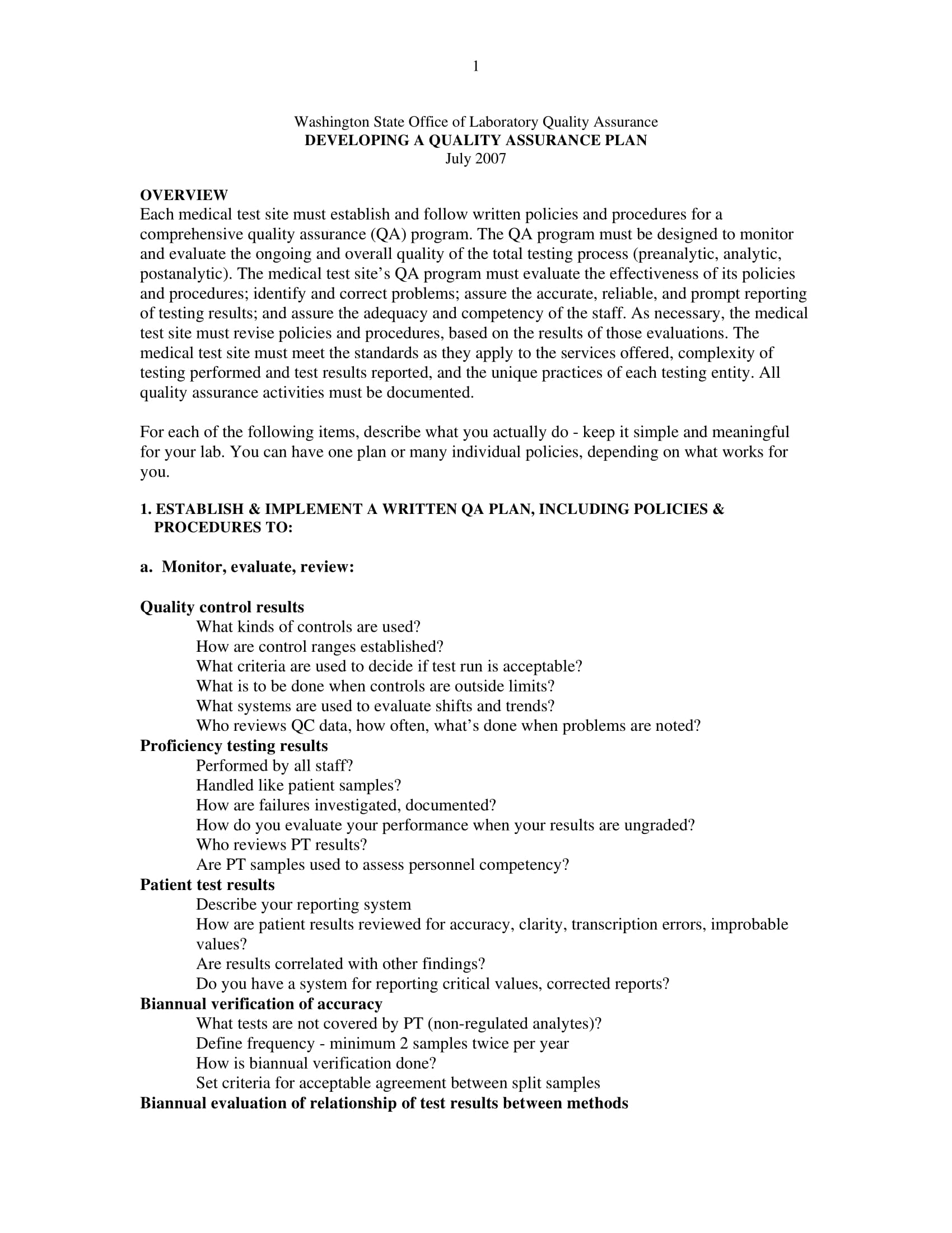 Quality Assurance Plan For a Laboratory Example 1