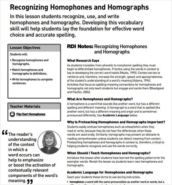 Recognizing Homophones and Homographs Example