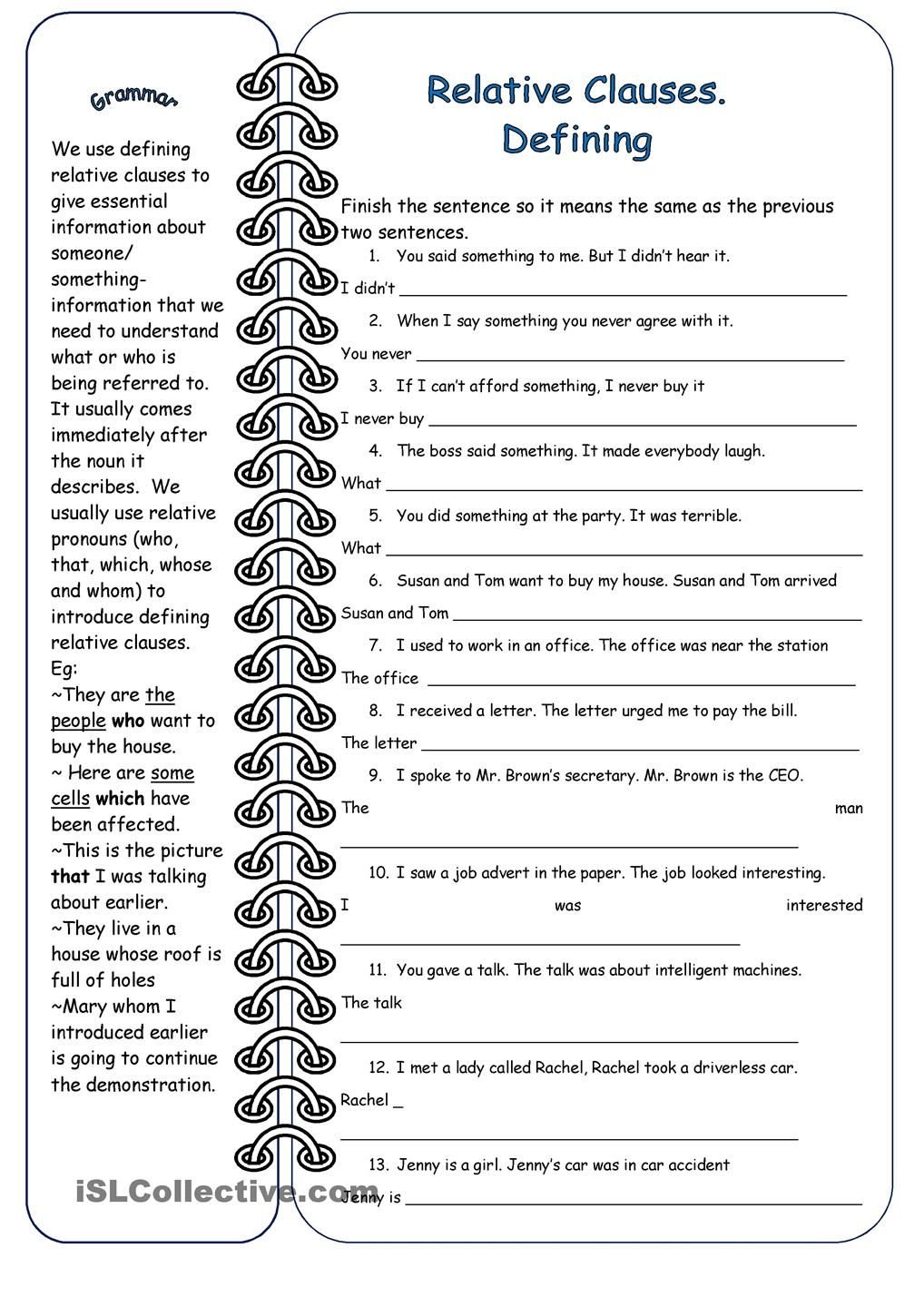 relative clause worksheet example