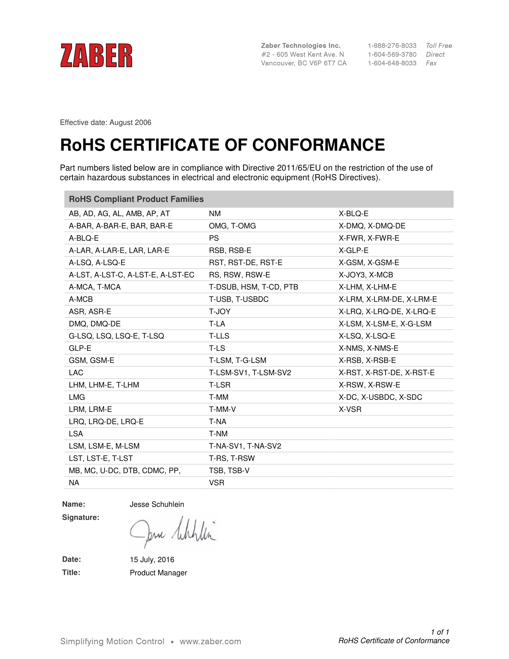 rohs certificate of conformance example