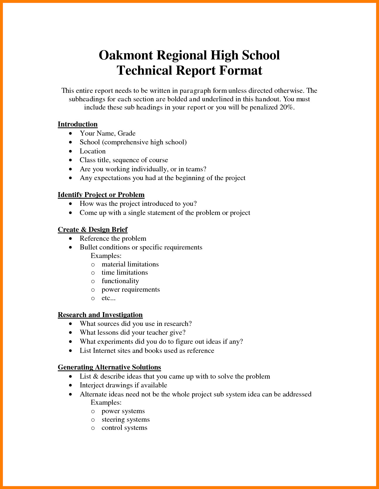 School Technical Report Format