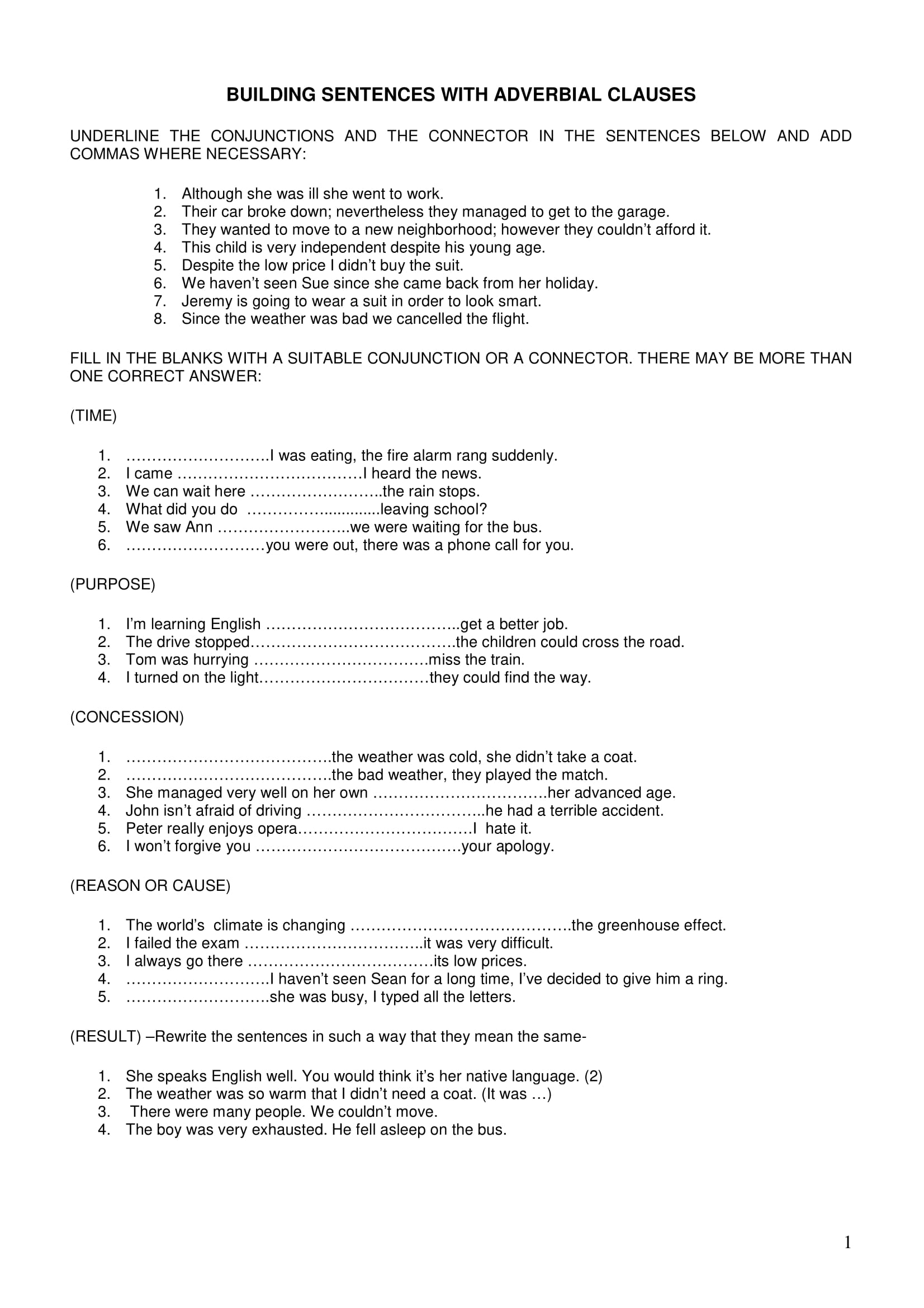 Sentence Construction with Adverbial Clauses Example