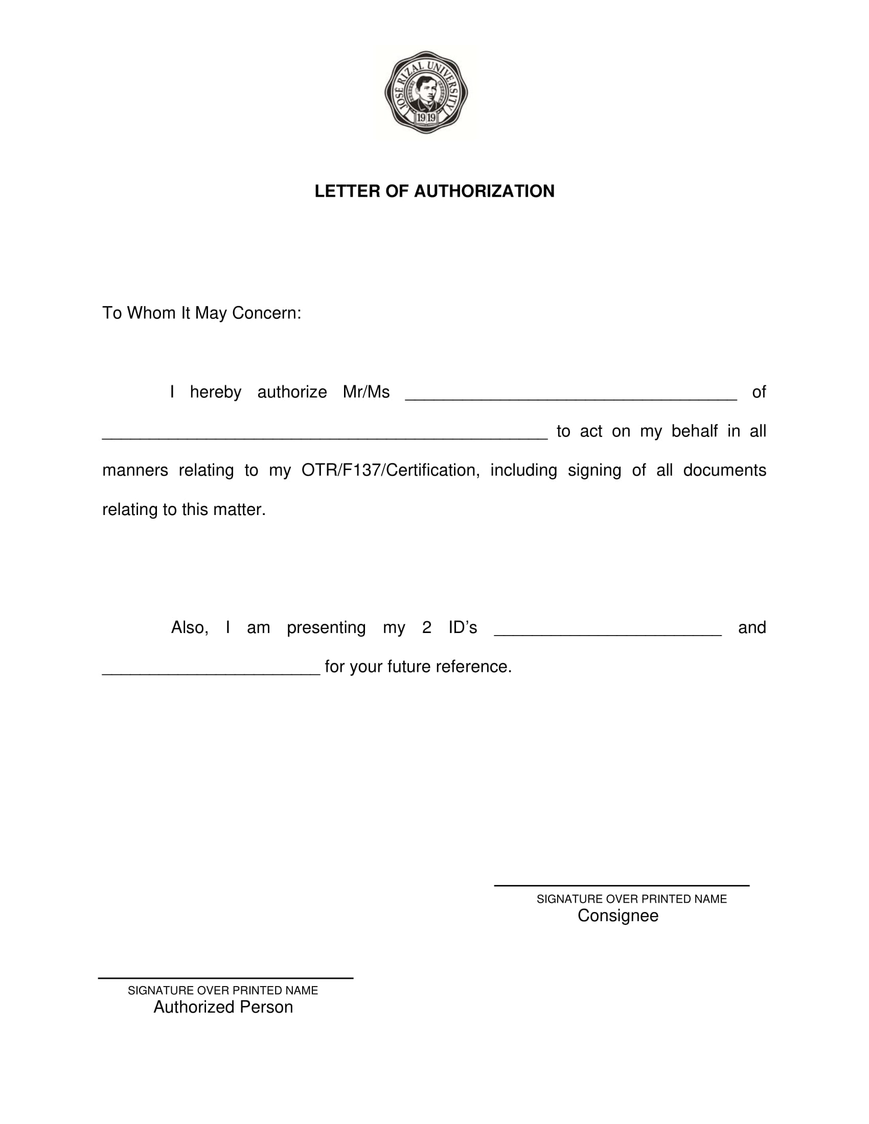 Sample authorization letter to claim money