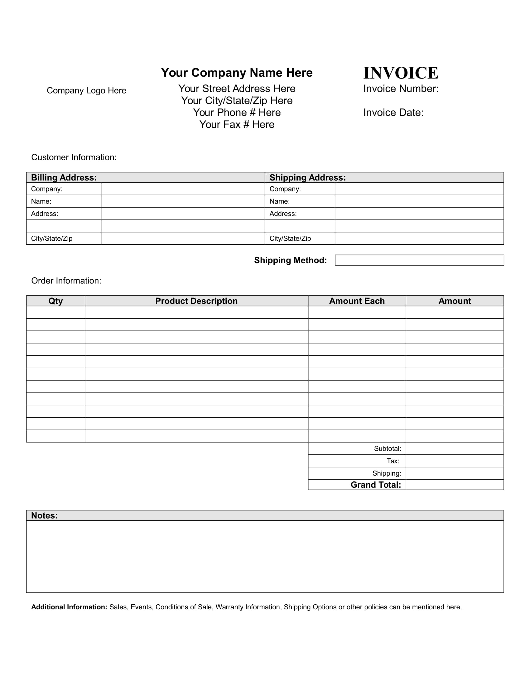 invoice blank form free printable