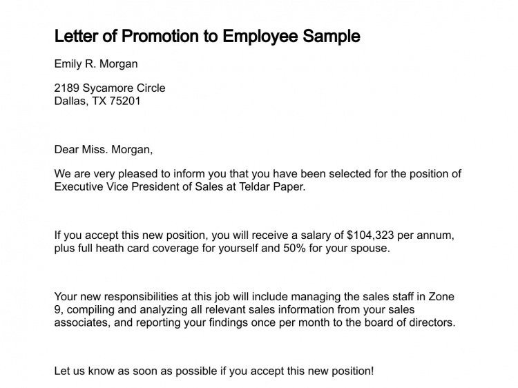 Simple Promotion Recommendation Letter Example