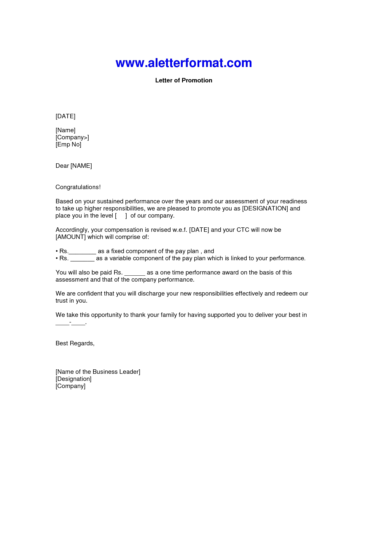 standard promotion recommendation letter example