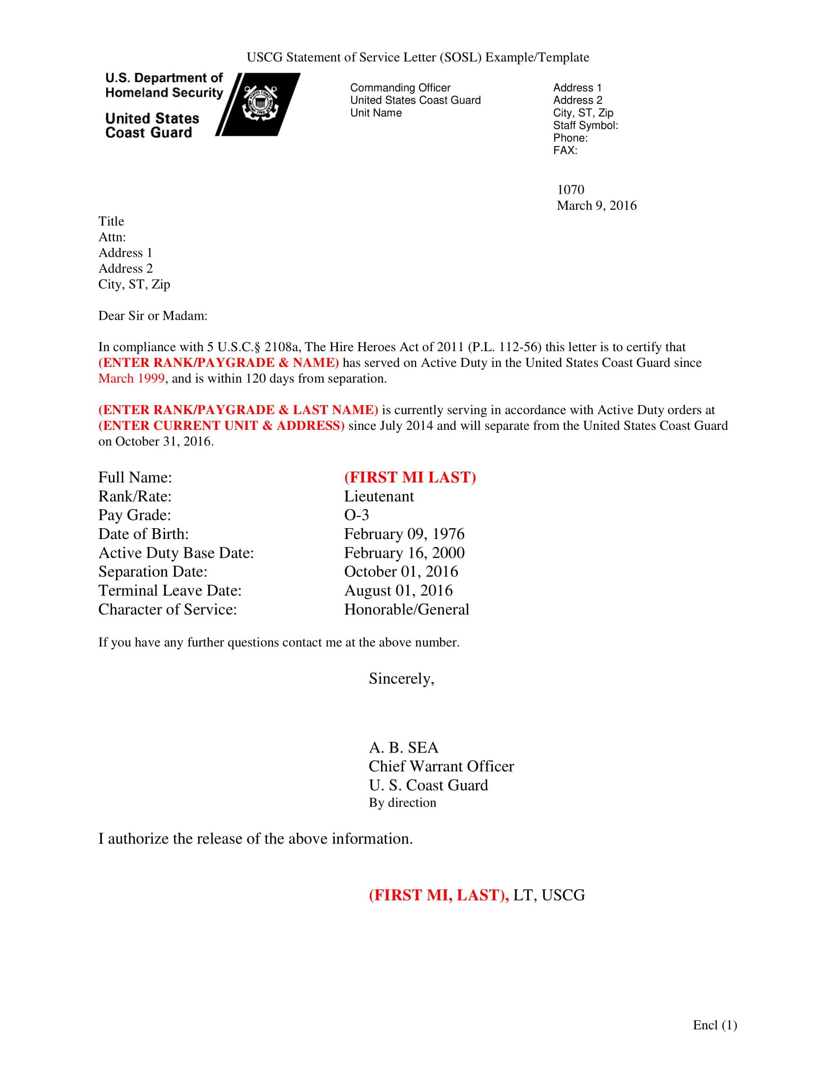 statement of service letter template example