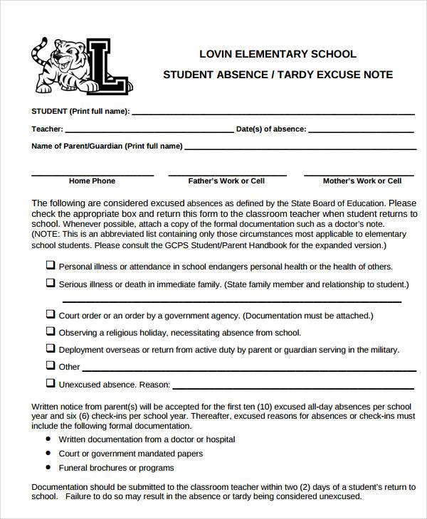 student absence excuse note