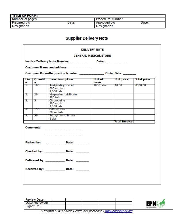Supplier Delivery Note Form