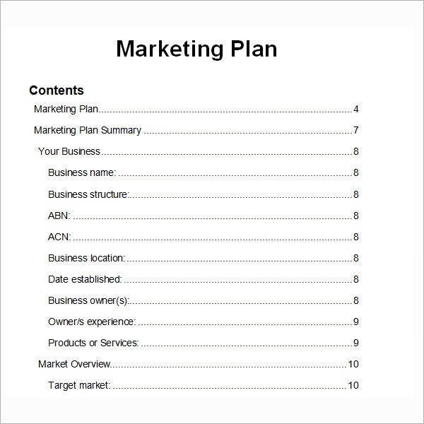 table of contents for marketing business plan example