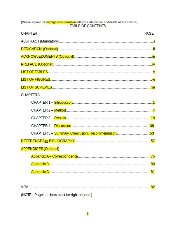 Table of Contents template example