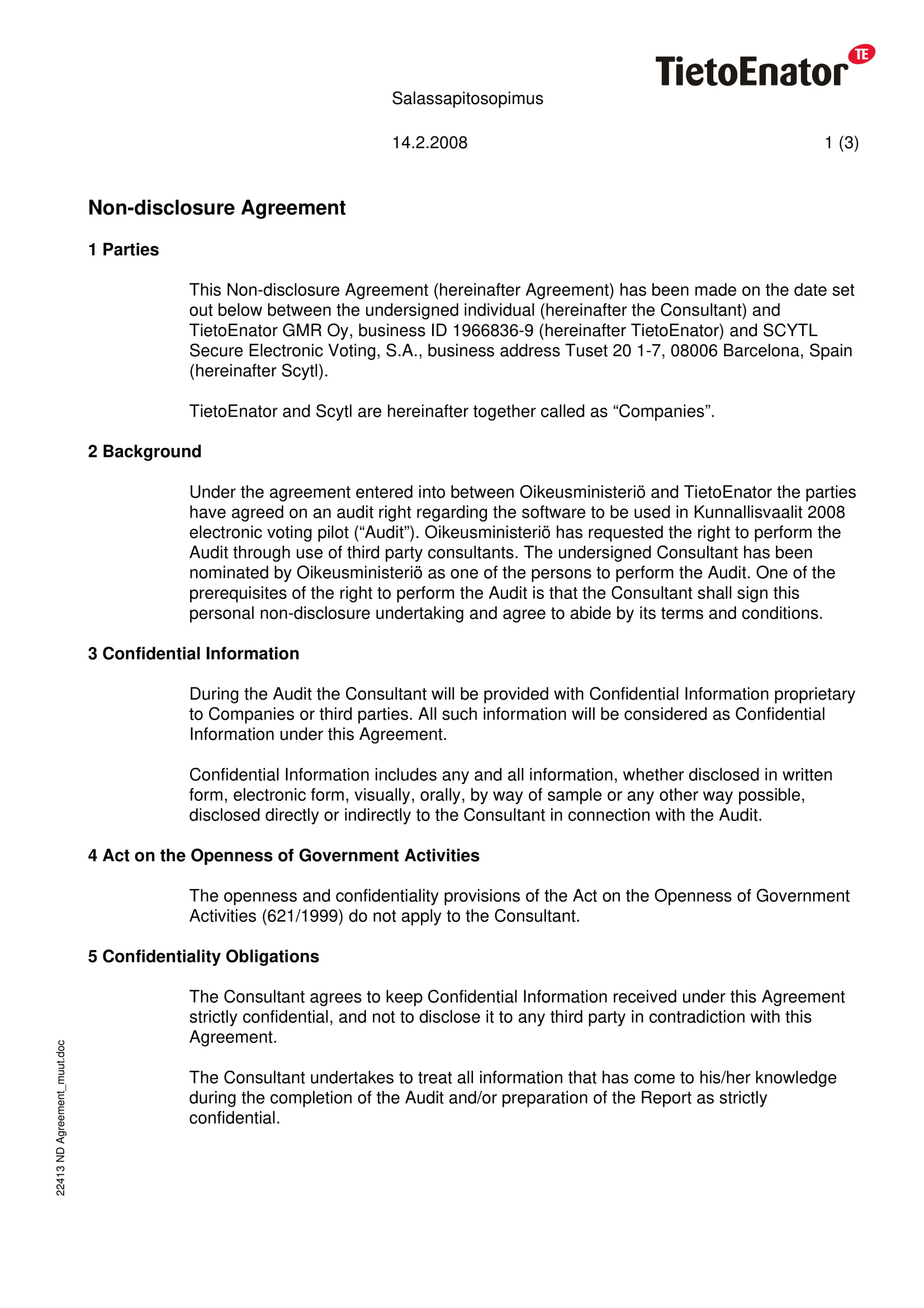 tietoenator audit confidentiality agreement example
