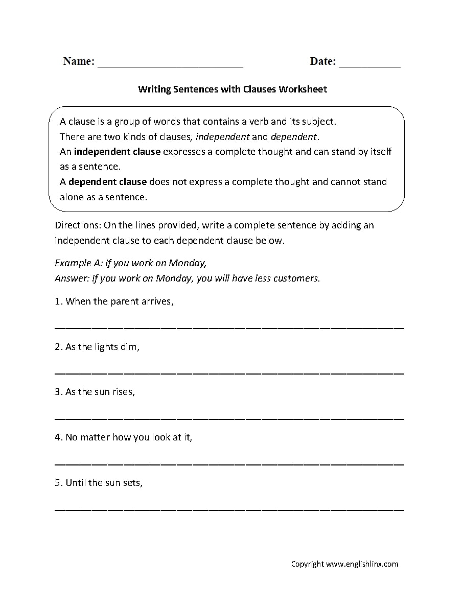 Dependent And Independent Clause Worksheet With Answers