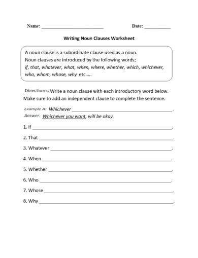 writing noun clauses worksheet example 