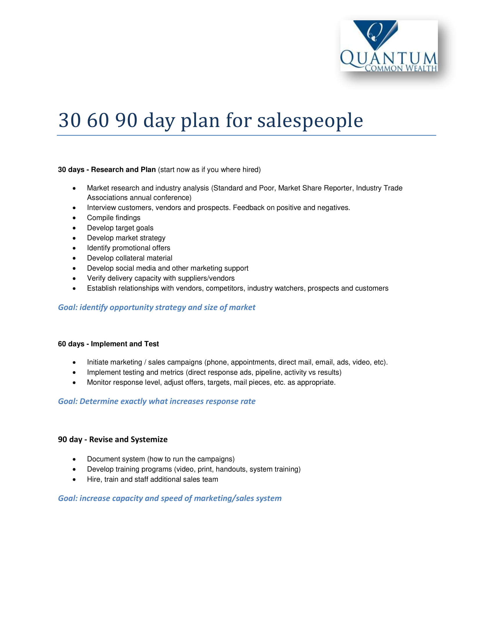 30 60 90 day plan sales manager