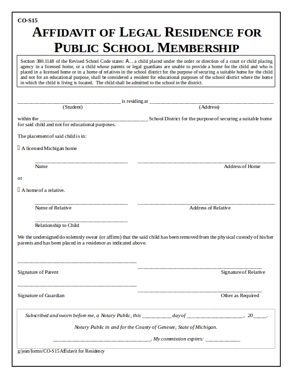 Affidavit For Residency Sample Form