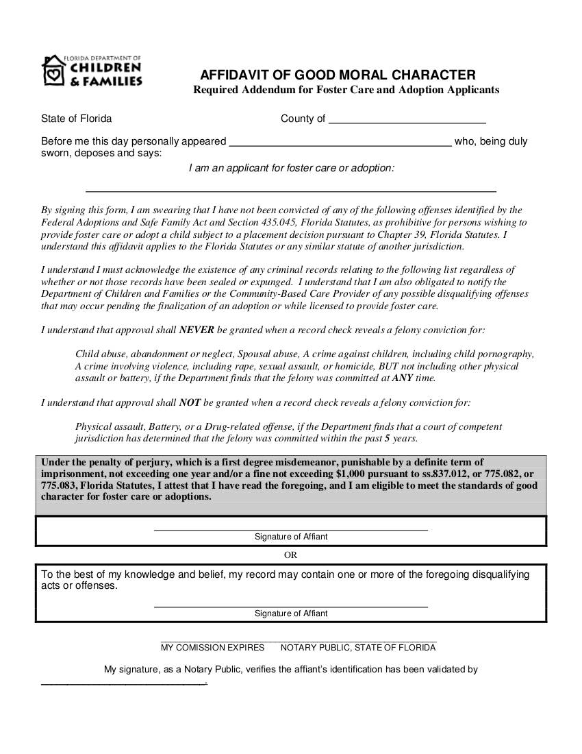 Affidavit Of Character Reference In Connection With Gun Or Form Fill Images