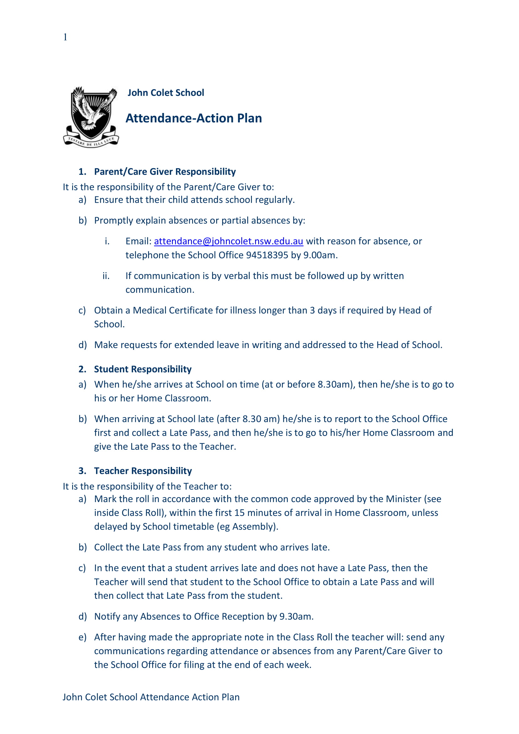 Attendance Action Plan Example