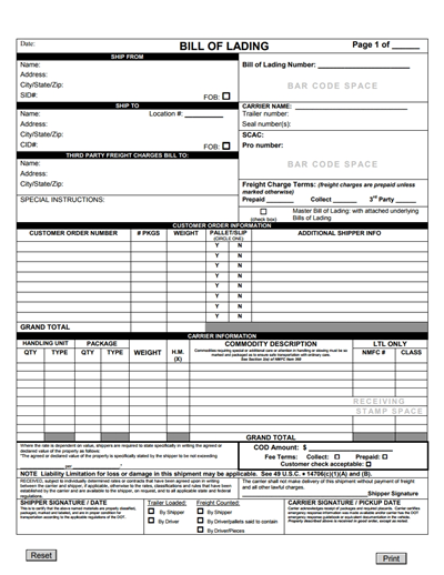 bill of lading form template