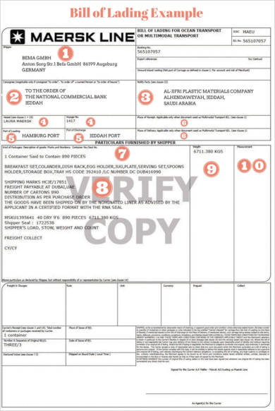 bill of lading example
