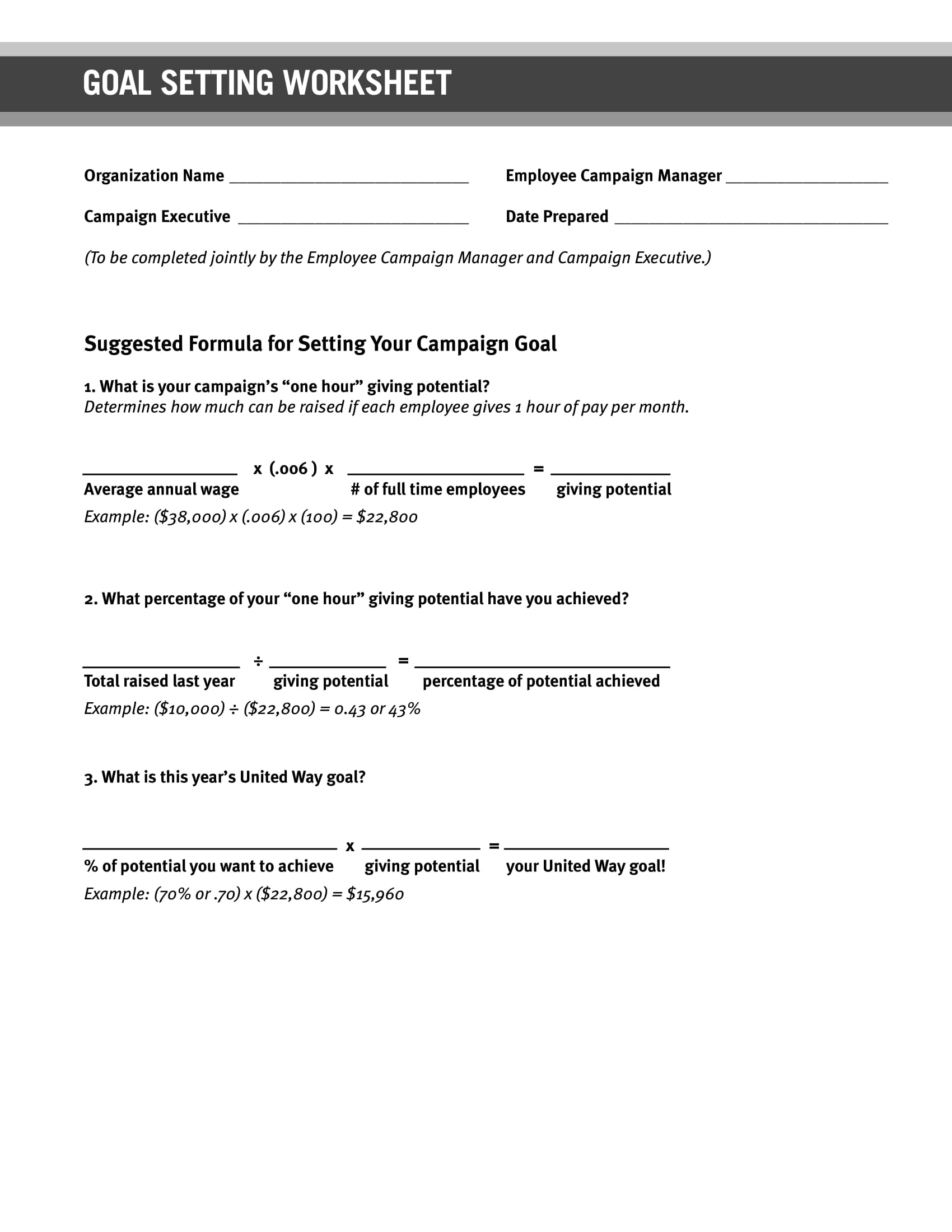 Campaign Employee Goal Setting Worksheet Example