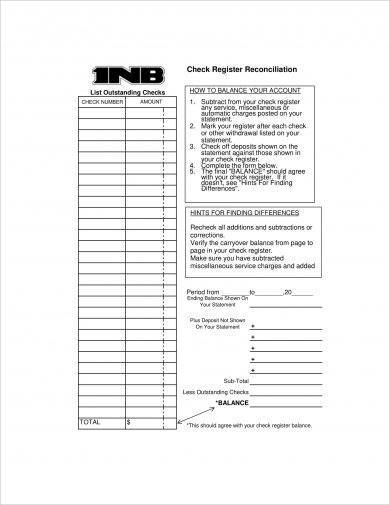 Checkbook Register Reconciliation Sheet Example
