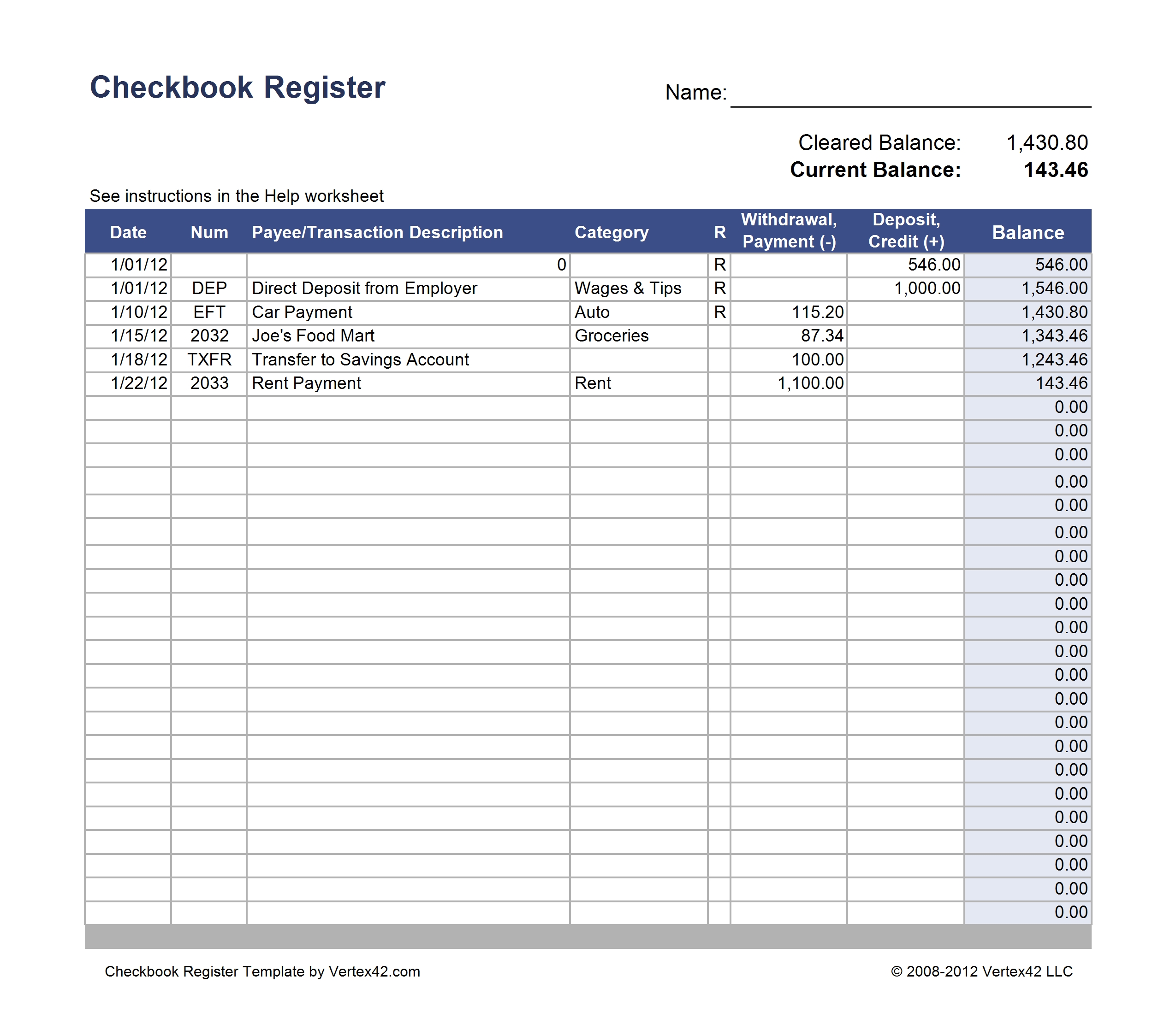 concise checkbook register example
