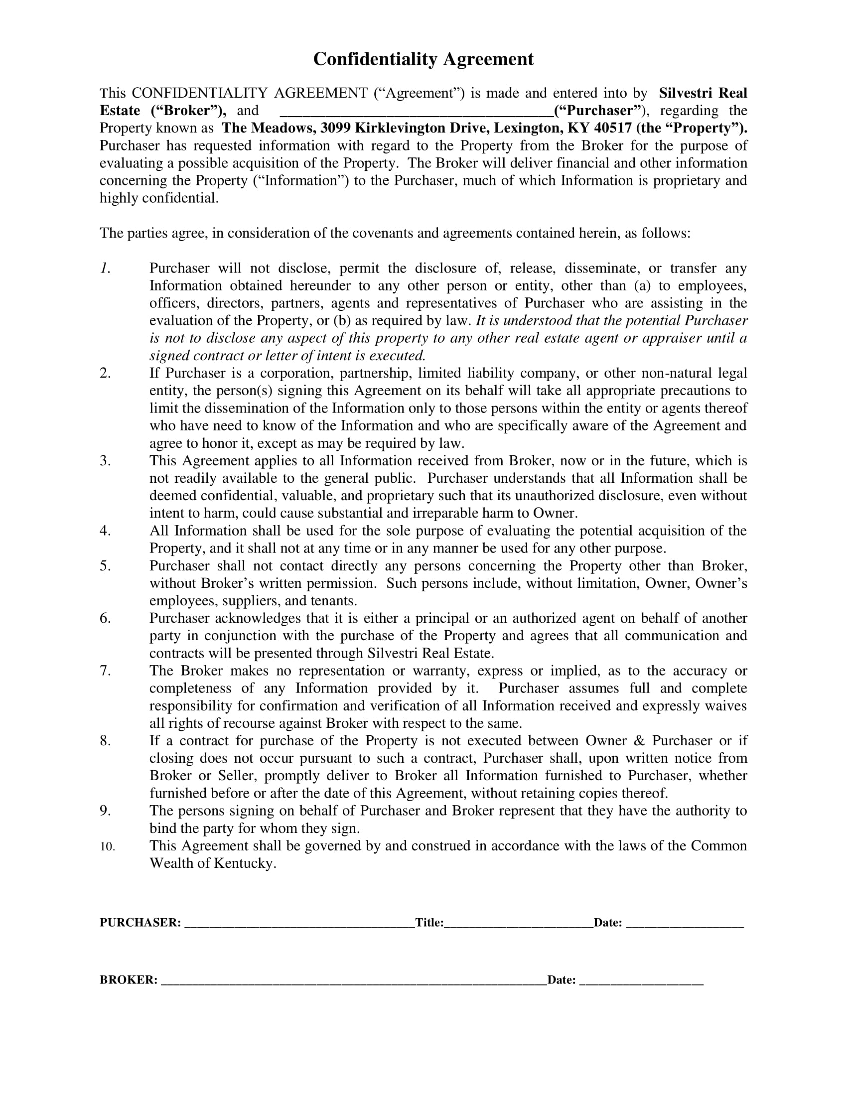 Confidentiality Agreement The Meadows