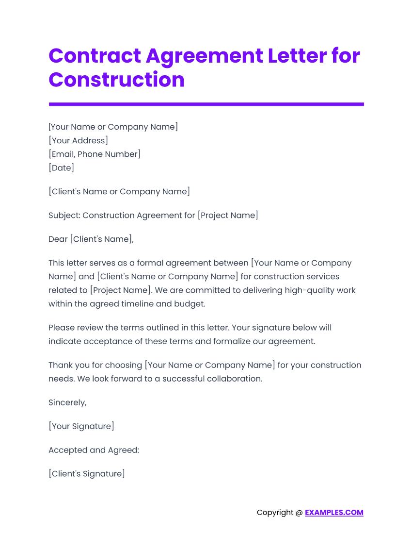 Contract Agreement Letter for Construction
