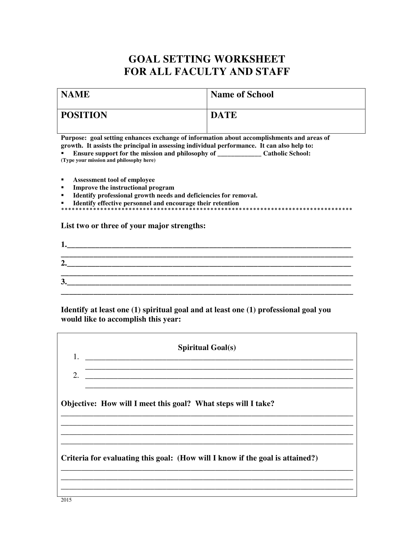 Faculty and Staff Goal Setting Worksheet Example