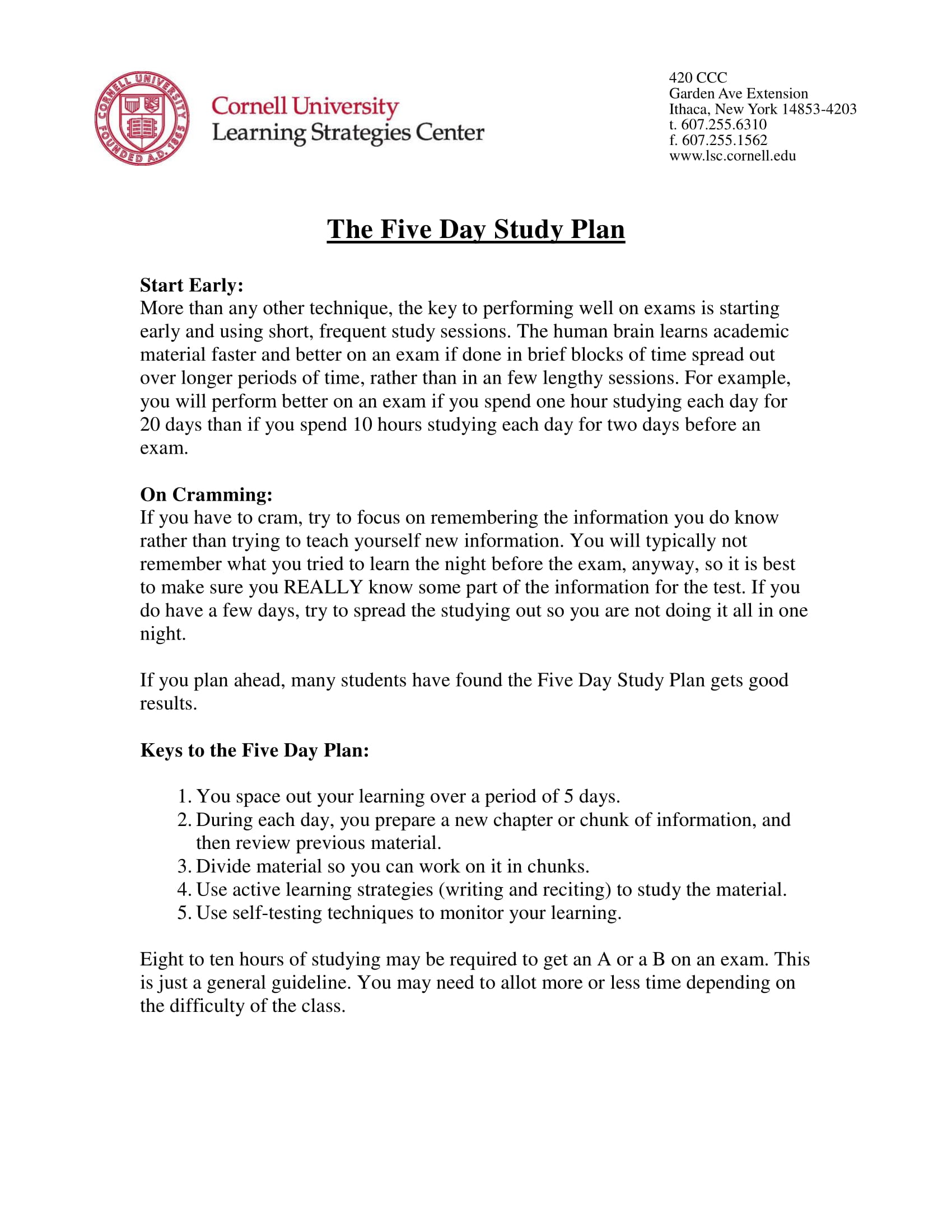 Five Day Study Plan Example