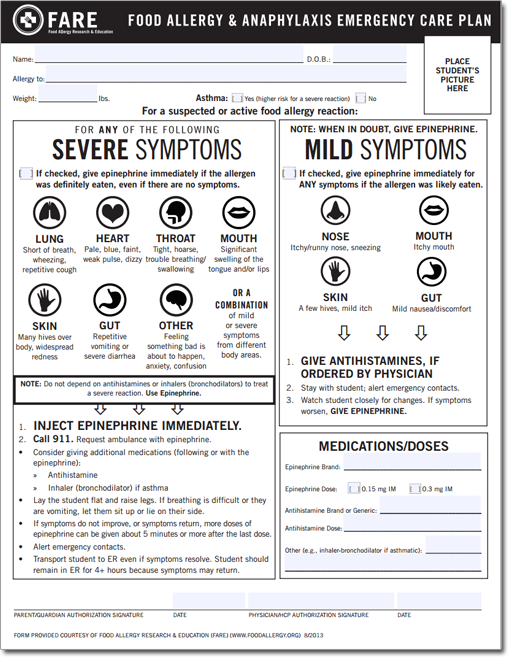 food allergy and anaphylaxis emergency care plan