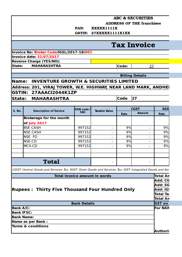 format of invoices for gst