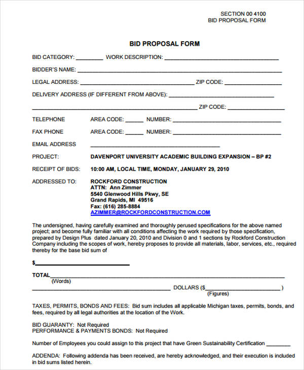 Free Contractor Bid Proposal Form Example