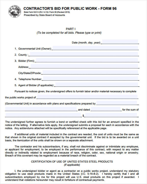 free contractor bid for public work form example