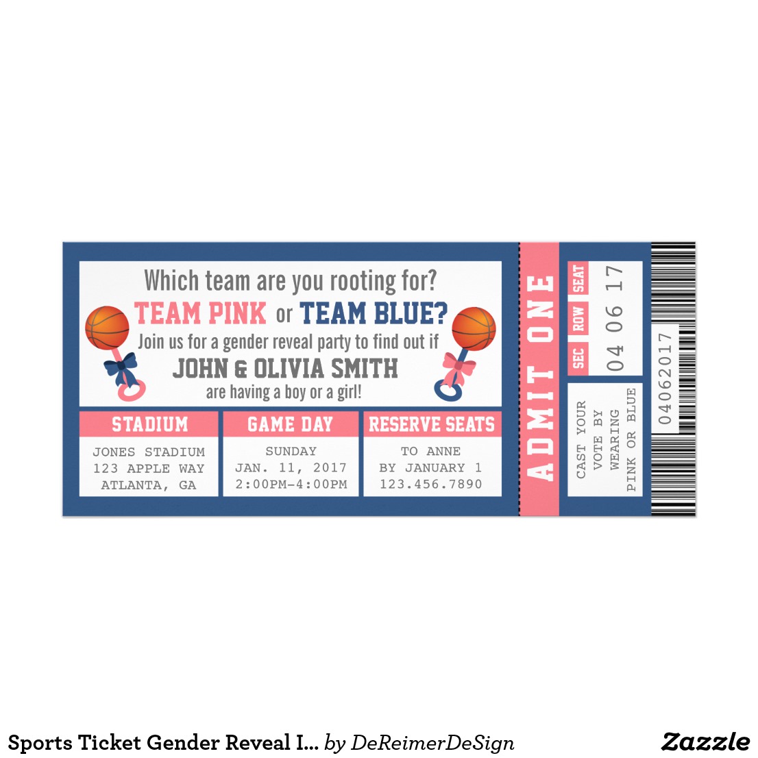 gender reveal basketball ticket invitation example