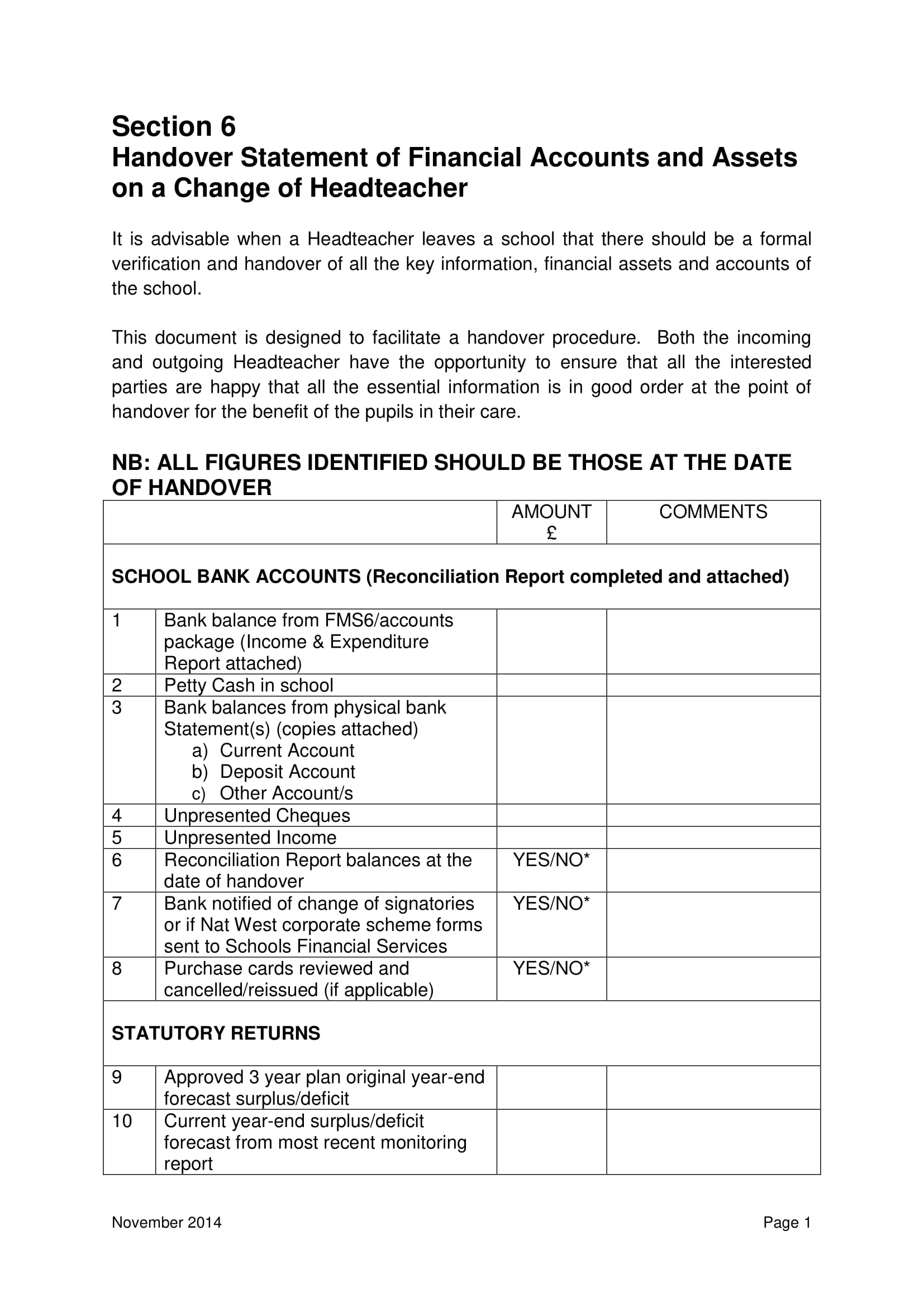 Handover Statement of Financial Accounts and Assets on a Change of Headteacher For Reporting Example 1