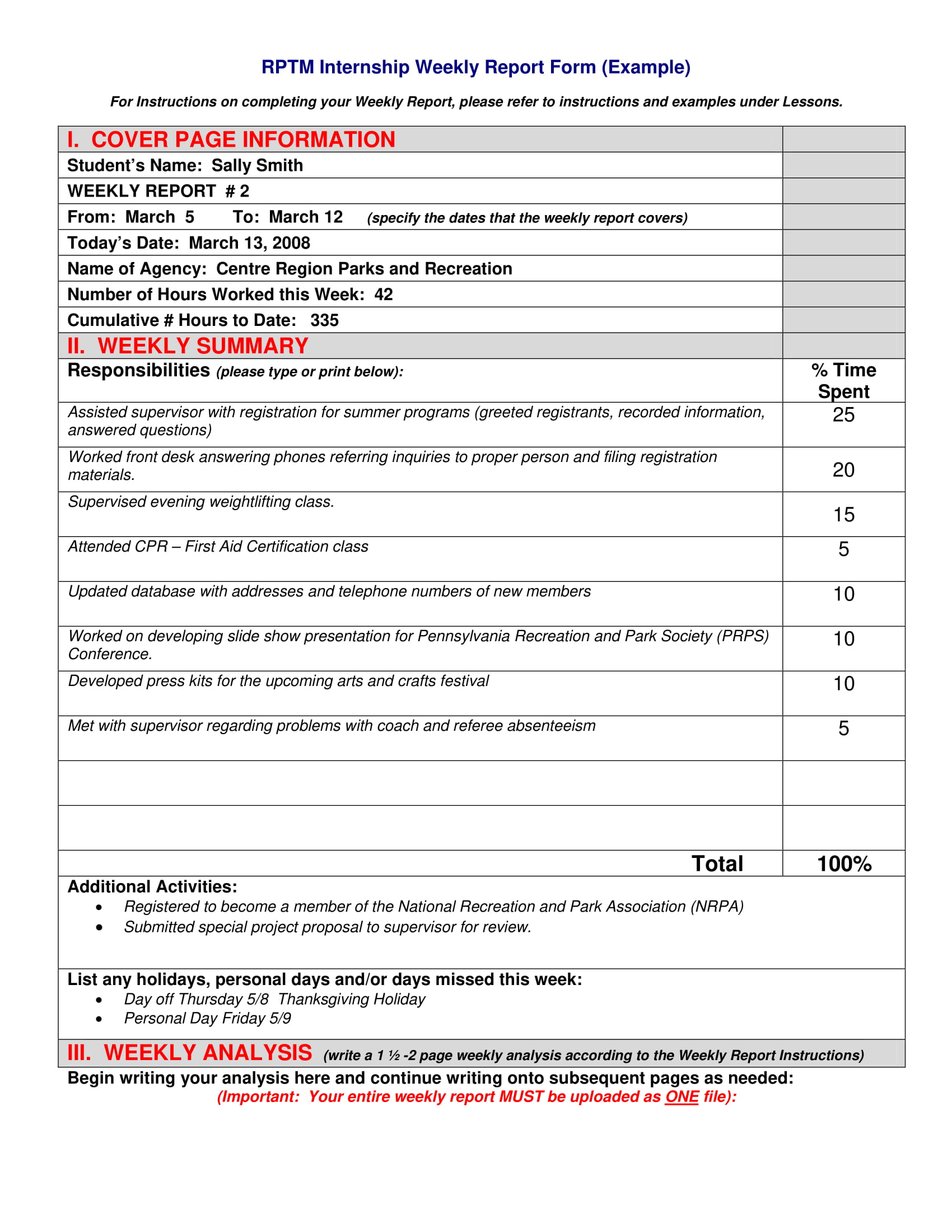 Internship Weekly Report Form Based on Business Operations and Internship Responsibilities Example 1