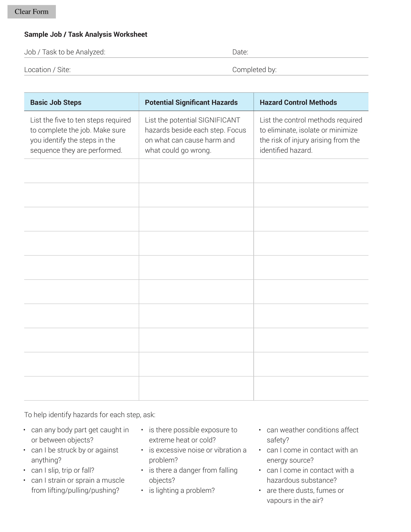 Job or Task Analysis Worksheet Example 1