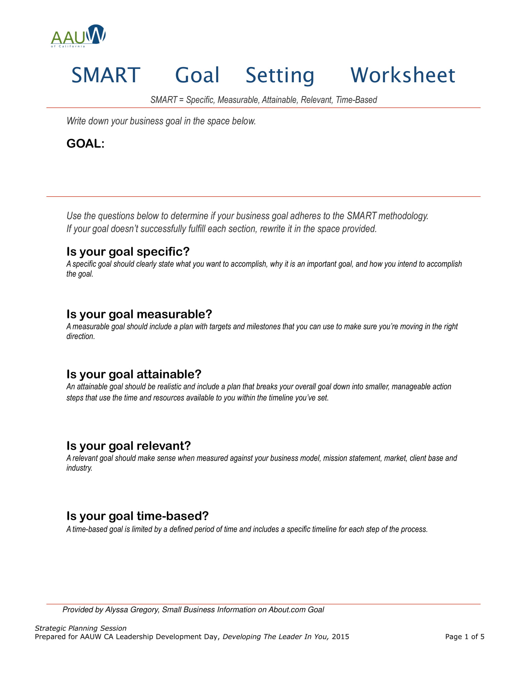 Leadership SMART Goal Setting Worksheet Example