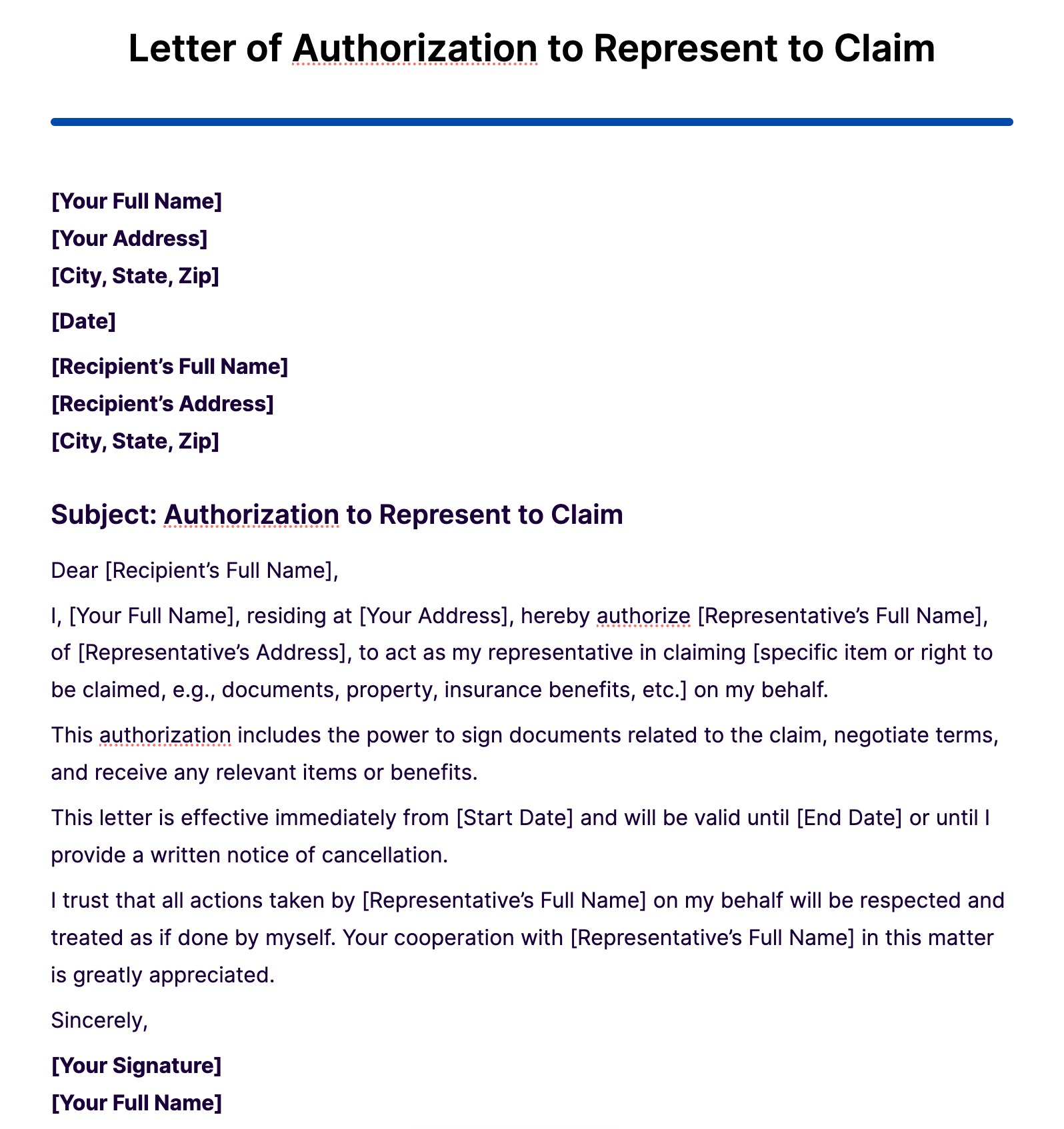 letter of authorization to represent to claim