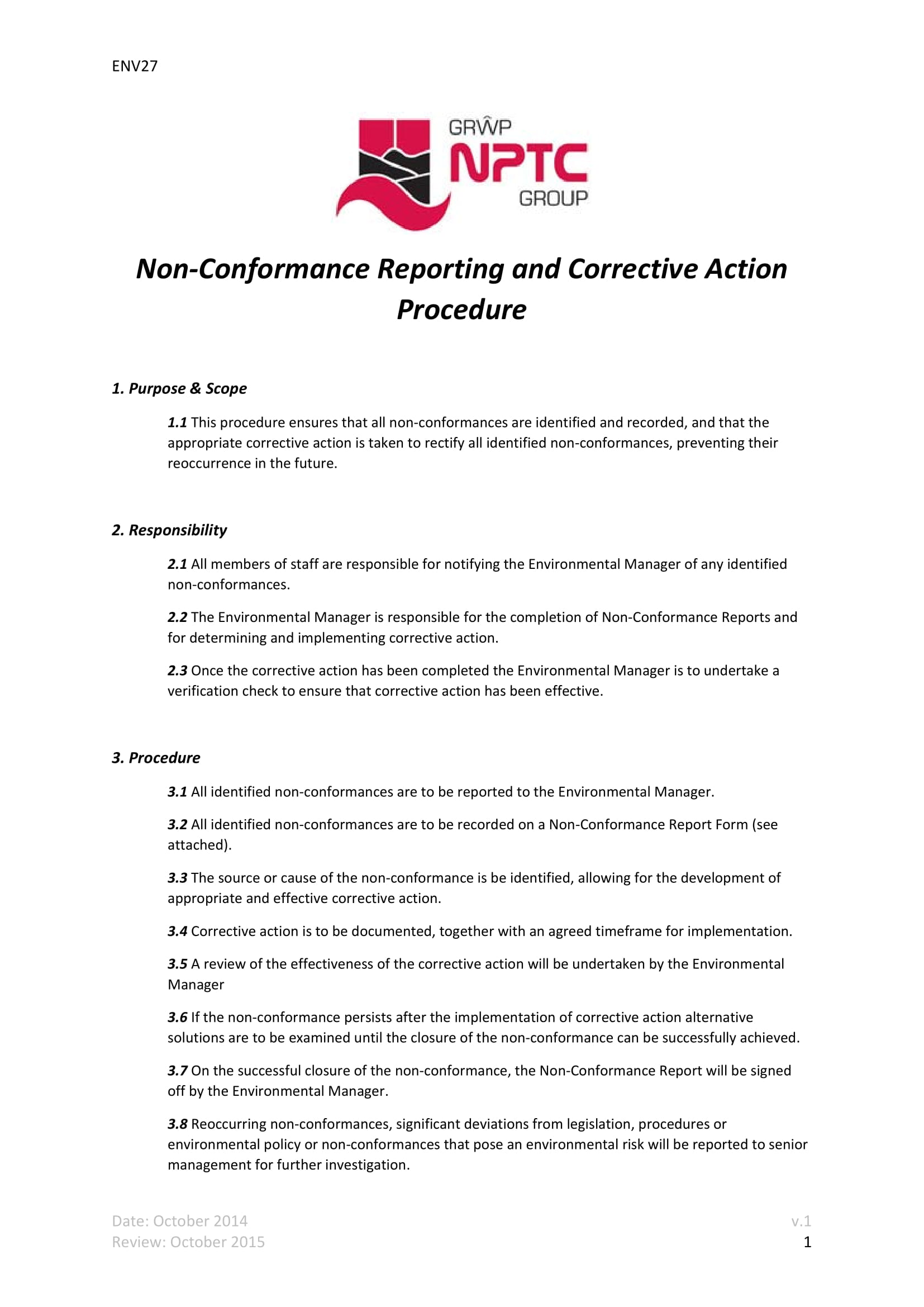 Non Conformance Reporting and Corrective Action Procedure Example 1