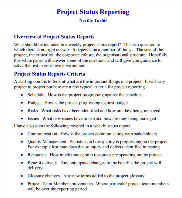 one page project status report example