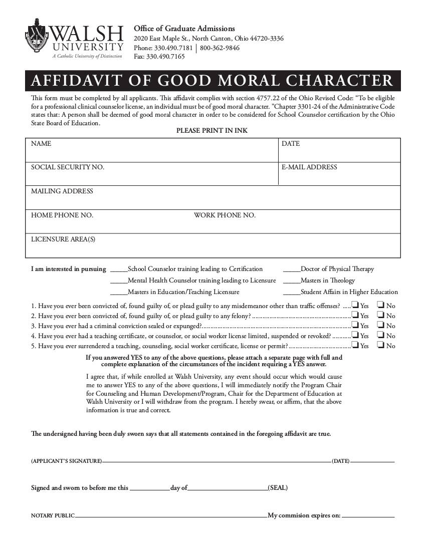 one page affidavit of good moral character