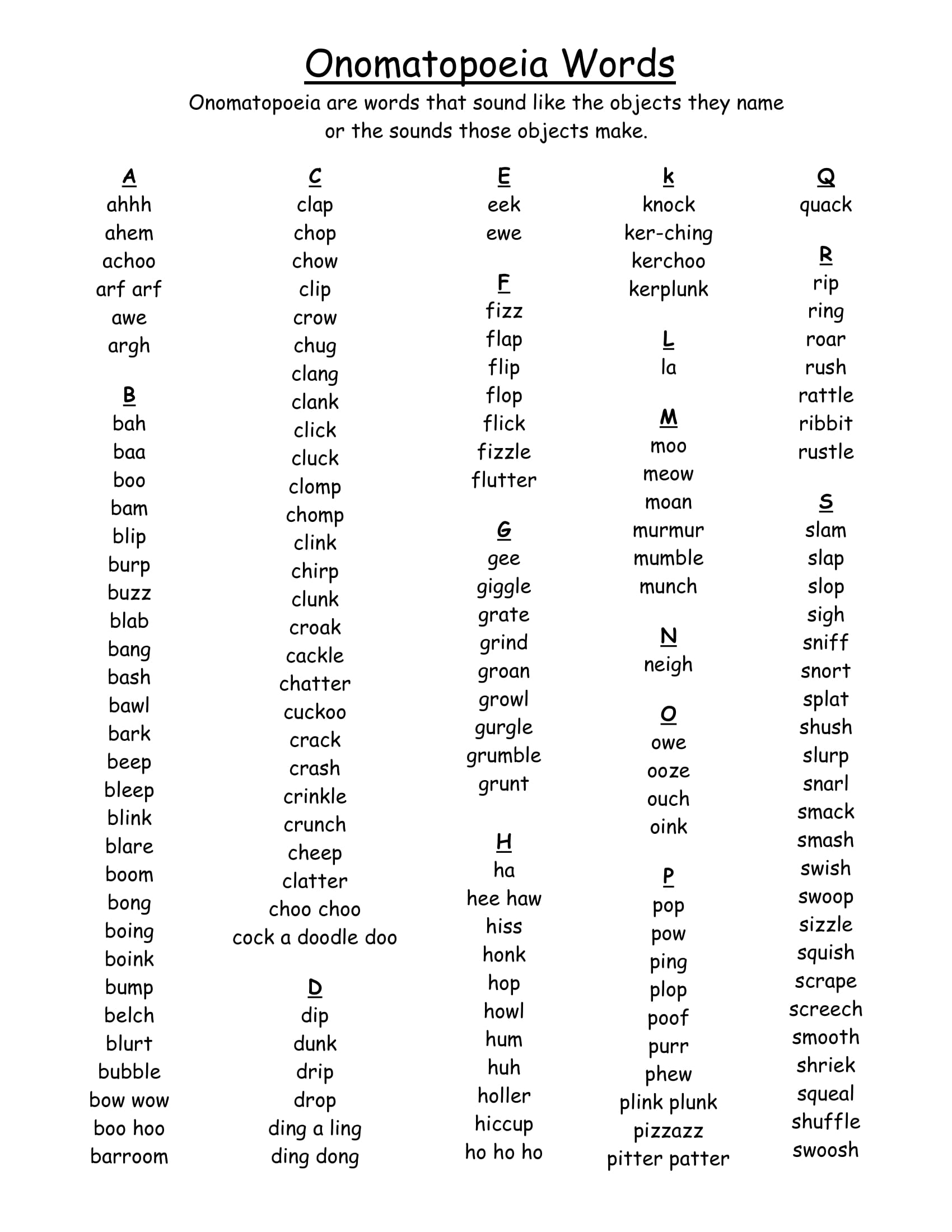 Onomatopoeia Word List Activity Example