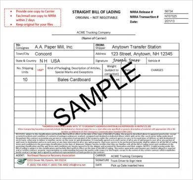 Original Straight Bill of Lading Sample