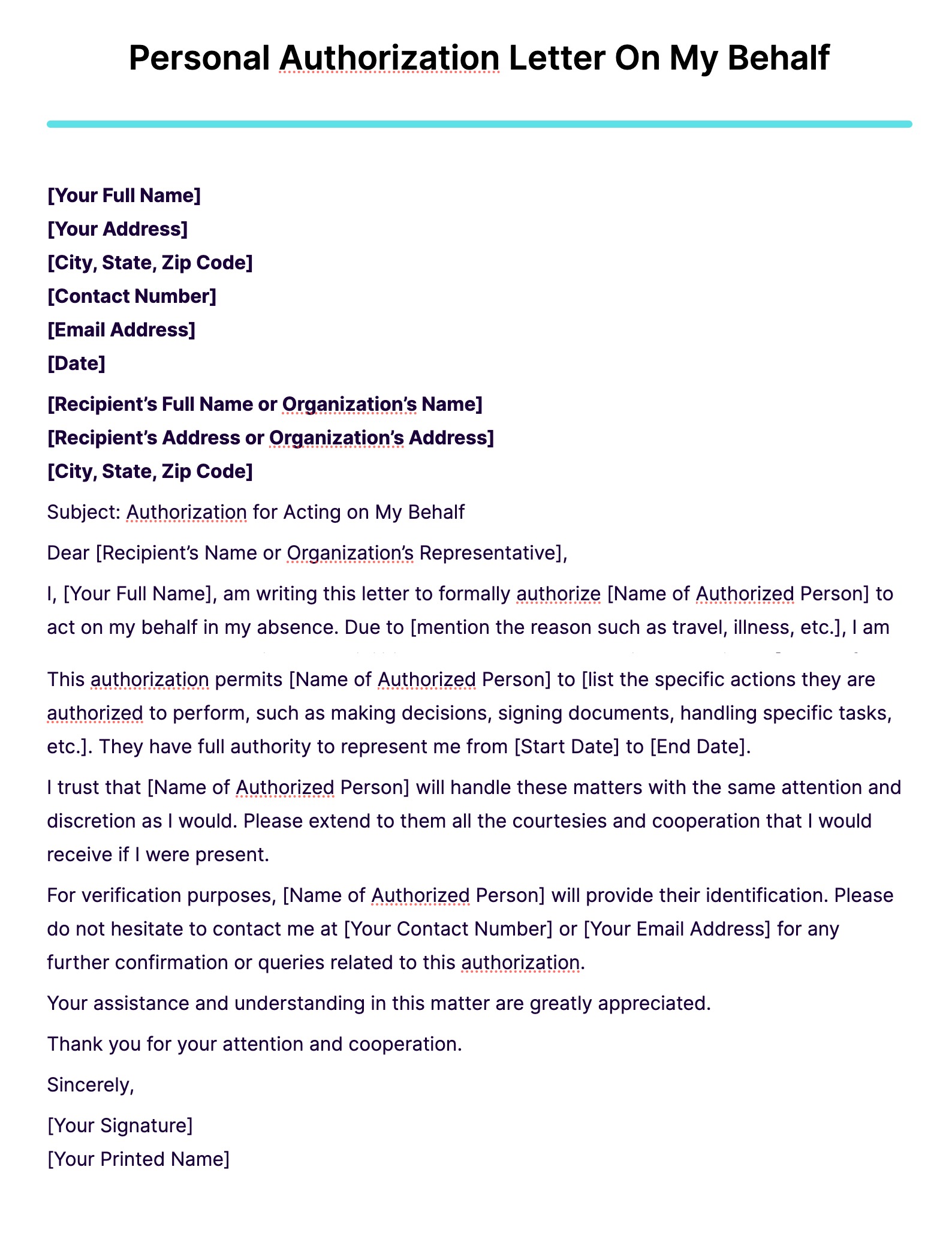 Personal Authorization Letter On My Behalf